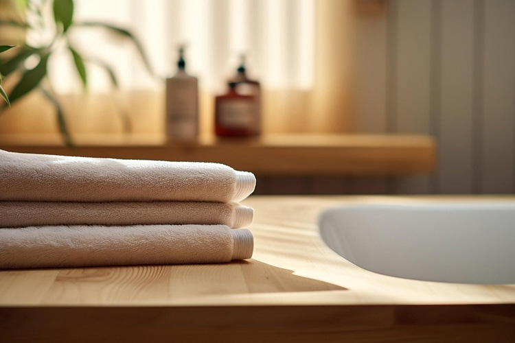 rhythms home care towels sitting on ledge by bathtup